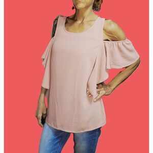 Bobeau ~ Blush Pink Cold Shoulder Ruffle Top ~ Size Medium